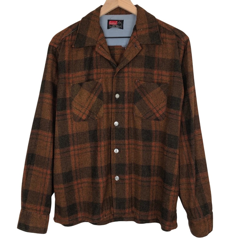 VTG CAMPUS Wool Blend Flannel Shirt Men's L Brown Plaid Washable Korea Dadcore